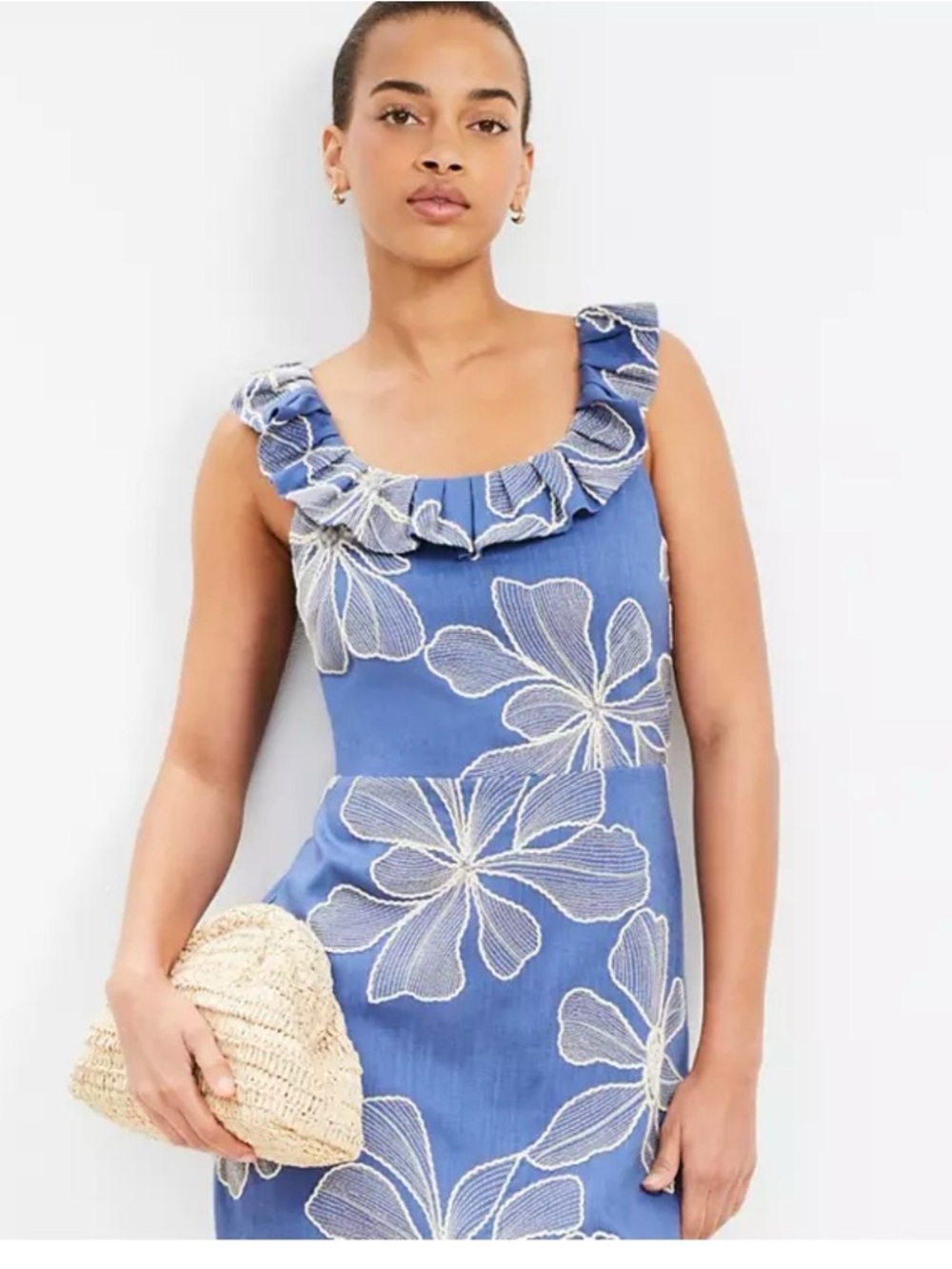 LOFT Blue Floral Ruffle-Neck Mini Dress